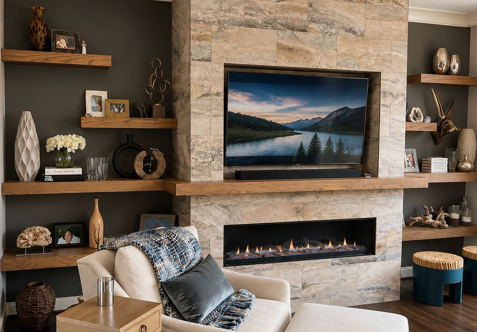 Living room with a travertine fireplace wall, linen chaise, and walnut floating shelves styled with collected objects.