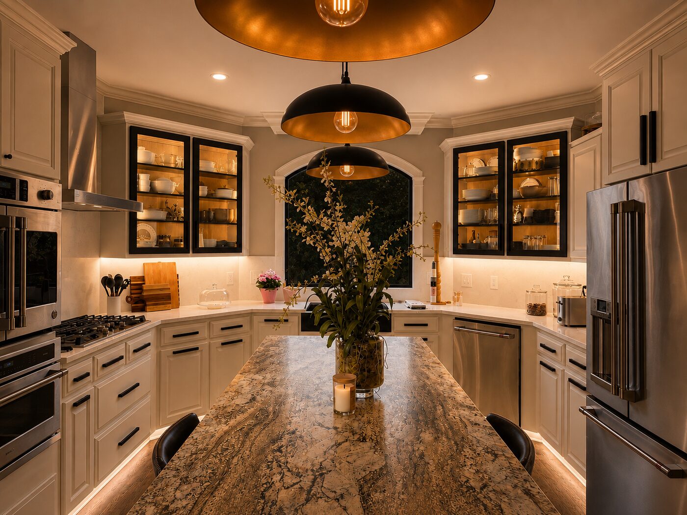 Kitchen at dusk: cream cabinetry, black-and-brass dome pendants over a dramatic stone island, glass-front cabinets glowing from within.
