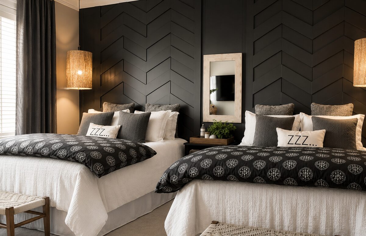 Twin guest beds against a black chevron-paneled wall, layered in graphic black-and-white bedding.