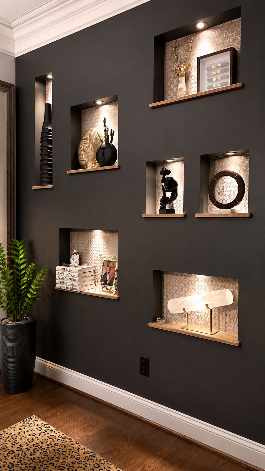 Charcoal feature wall of recessed display niches, each downlit over brass and ceramic objects.