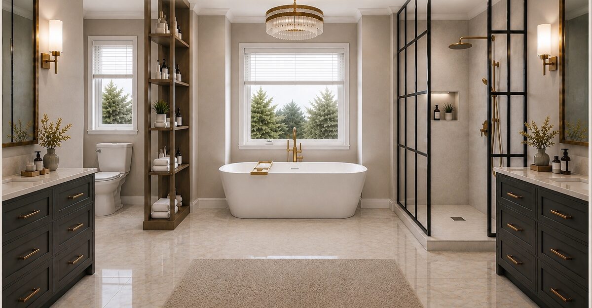 Primary bathroom with freestanding tub beneath a picture window, black-framed glass shower, and charcoal vanities with brass pulls.